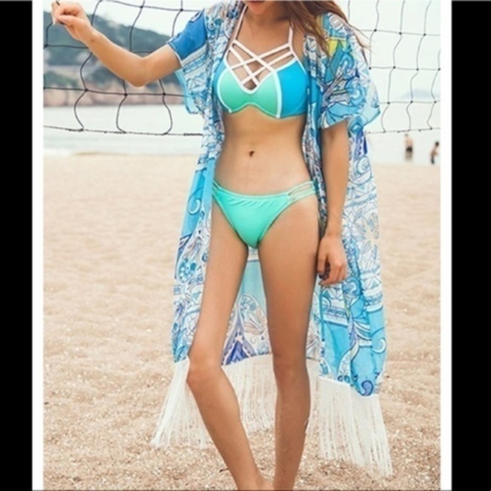 NEW Lt. Blue Boho Kimono w/  Fringes